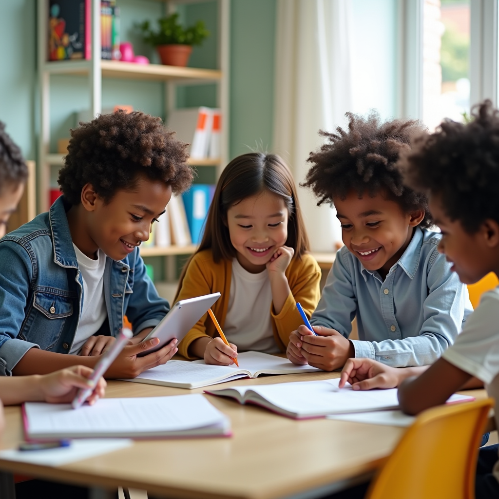 Diverse group of students collaborating on educational projects in a bright, modern classroom setting with books, tablets, and learning materials