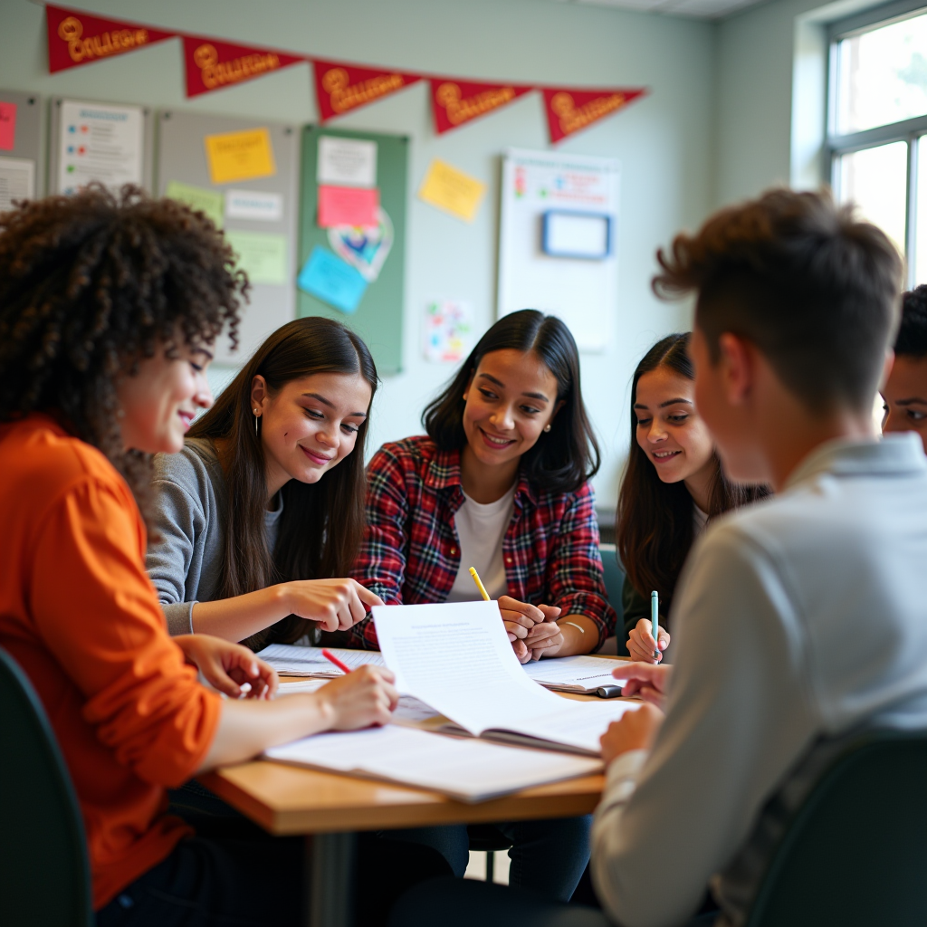 High school students sitting around a table with college guidance counselors reviewing college applications and materials together. The counselors are pointing to documents and brochures while students take notes and ask questions. The setting is a bright, welcoming office space with college pennants and motivational posters on the walls. Natural lighting creates a warm, supportive atmosphere as the diverse group of students receives personalized guidance for their post-secondary planning.