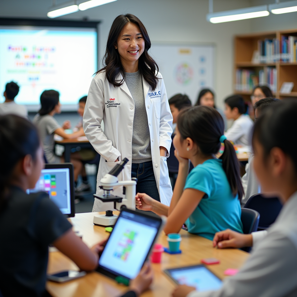 Santa Rosa High School science teacher Maria Chen standing in a bright, modern classroom surrounded by enthusiastic students conducting interactive STEM experiments with digital tablets, microscopes, and colorful lab equipment