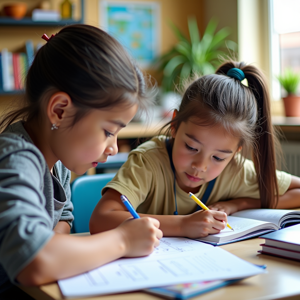 Elementary and middle school students engaged in one-on-one tutoring session with volunteer tutor at bright, welcoming tutoring center, working together on math problems with books and learning materials on table