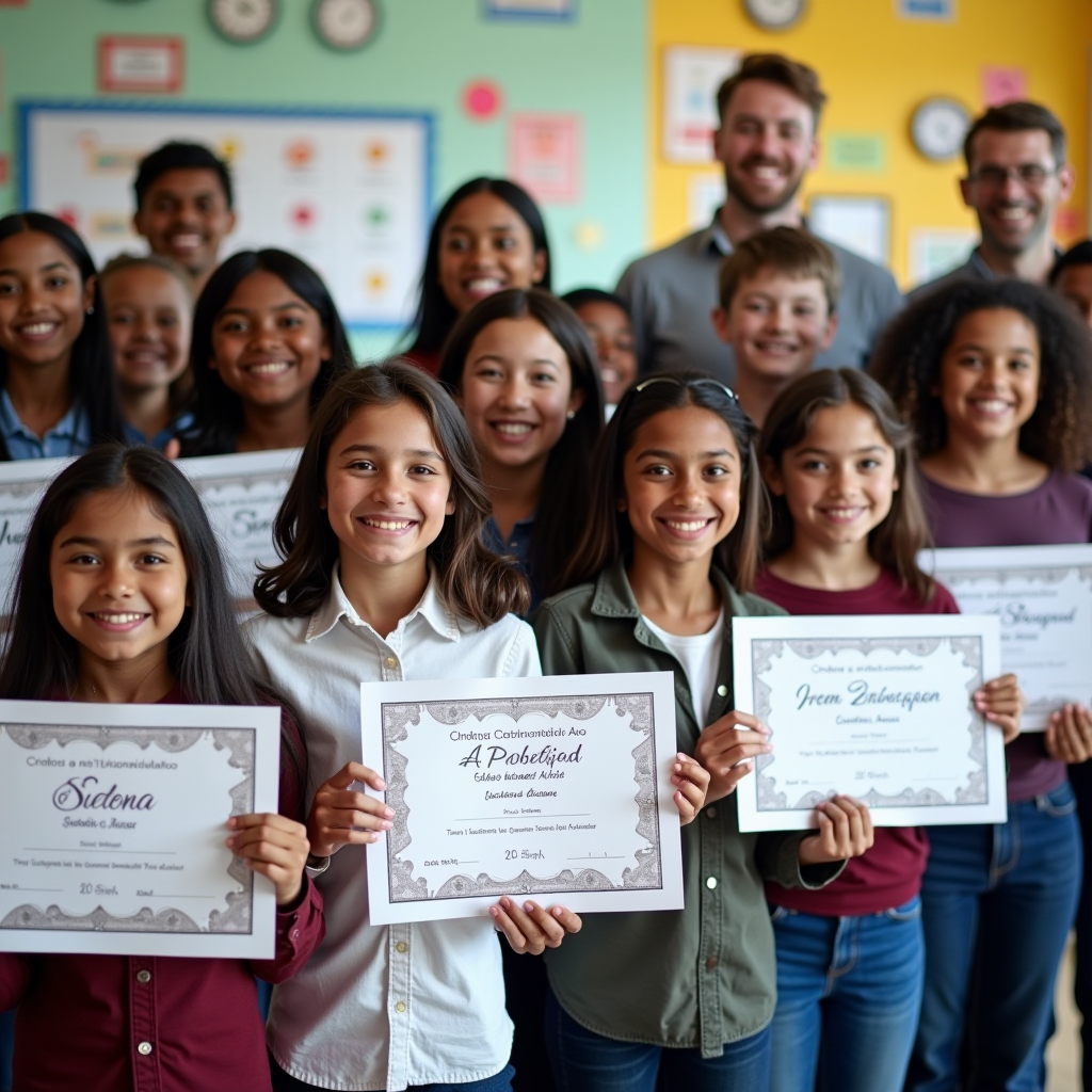 Diverse group of smiling students from low-income families holding scholarship certificates and celebrating with Santa Rosa Education Foundation representatives in a bright community center with educational posters in the background
