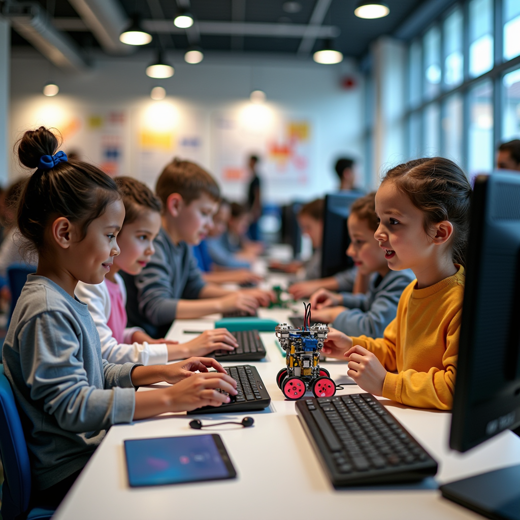 Enthusiastic students of various ages collaborating on robotics projects and coding on computers in a modern after-school program setting with colorful robot prototypes, circuit boards, and tech company partnership banners visible
